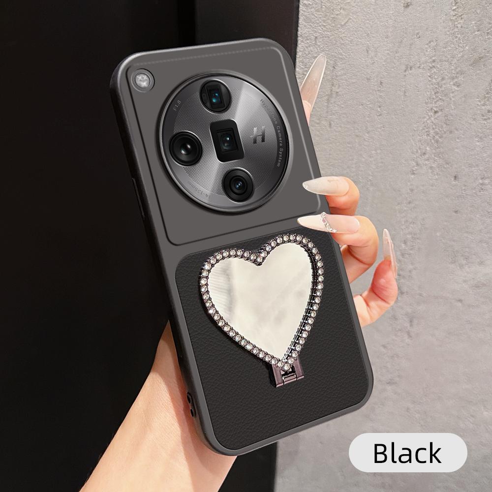 For OPPO Find X7 Ultra Lambskin Series Skin Feel Shockproof Phone Case with Heart Mirror Holder(Black) - Shopkiz.com