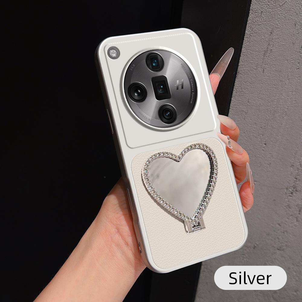 For OPPO Find X7 Ultra Lambskin Series Skin Feel Shockproof Phone Case with Heart Mirror Holder(Silver) - Shopkiz.com