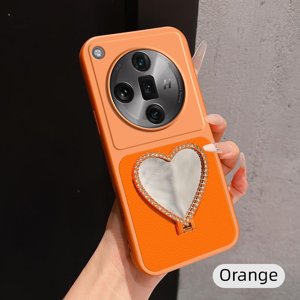 For OPPO Find X7 Ultra Lambskin Series Skin Feel Shockproof Phone Case with Heart Mirror Holder(Orange) - Shopkiz.com