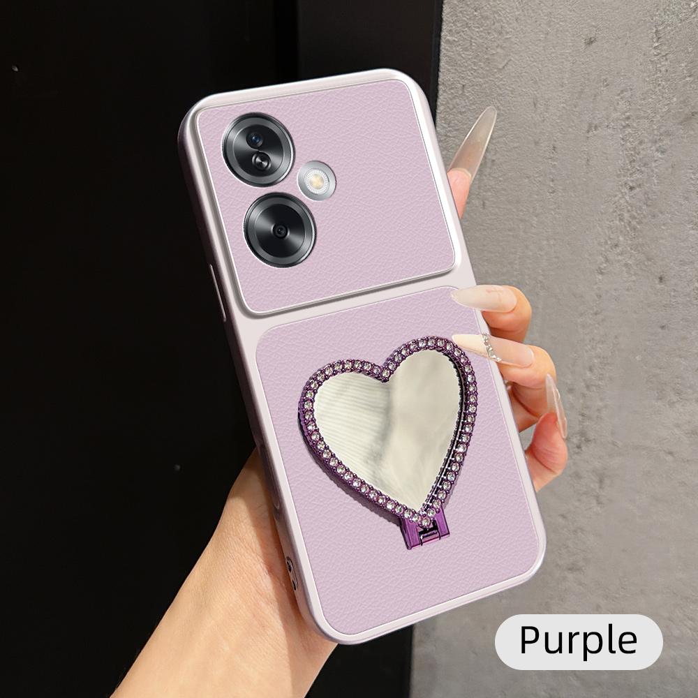 For OPPO A2 Lambskin Series Skin Feel Shockproof Phone Case with Heart Mirror Holder(Purple) - Shopkiz.com