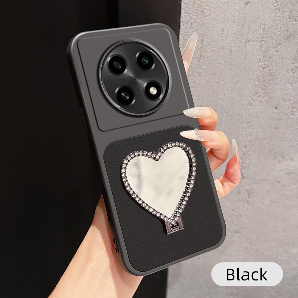 For OPPO A2 Pro Lambskin Series Skin Feel Shockproof Phone Case with Heart Mirror Holder(Black) - Shopkiz.com