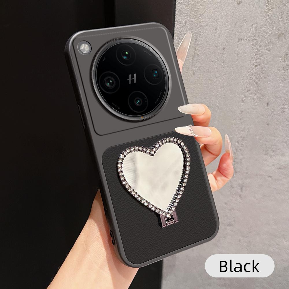 For OPPO Find X8 Pro Lambskin Series Skin Feel Shockproof Phone Case with Heart Mirror Holder(Black) - Shopkiz.com