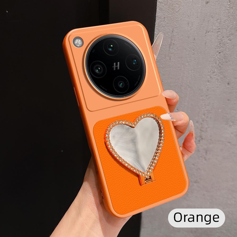 For OPPO Find X8 Pro Lambskin Series Skin Feel Shockproof Phone Case with Heart Mirror Holder(Orange) - Shopkiz.com