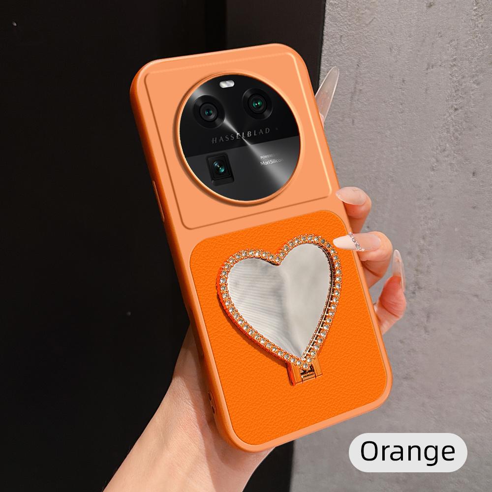 For OPPO Find X6 Lambskin Series Skin Feel Shockproof Phone Case with Heart Mirror Holder(Orange) - Shopkiz.com
