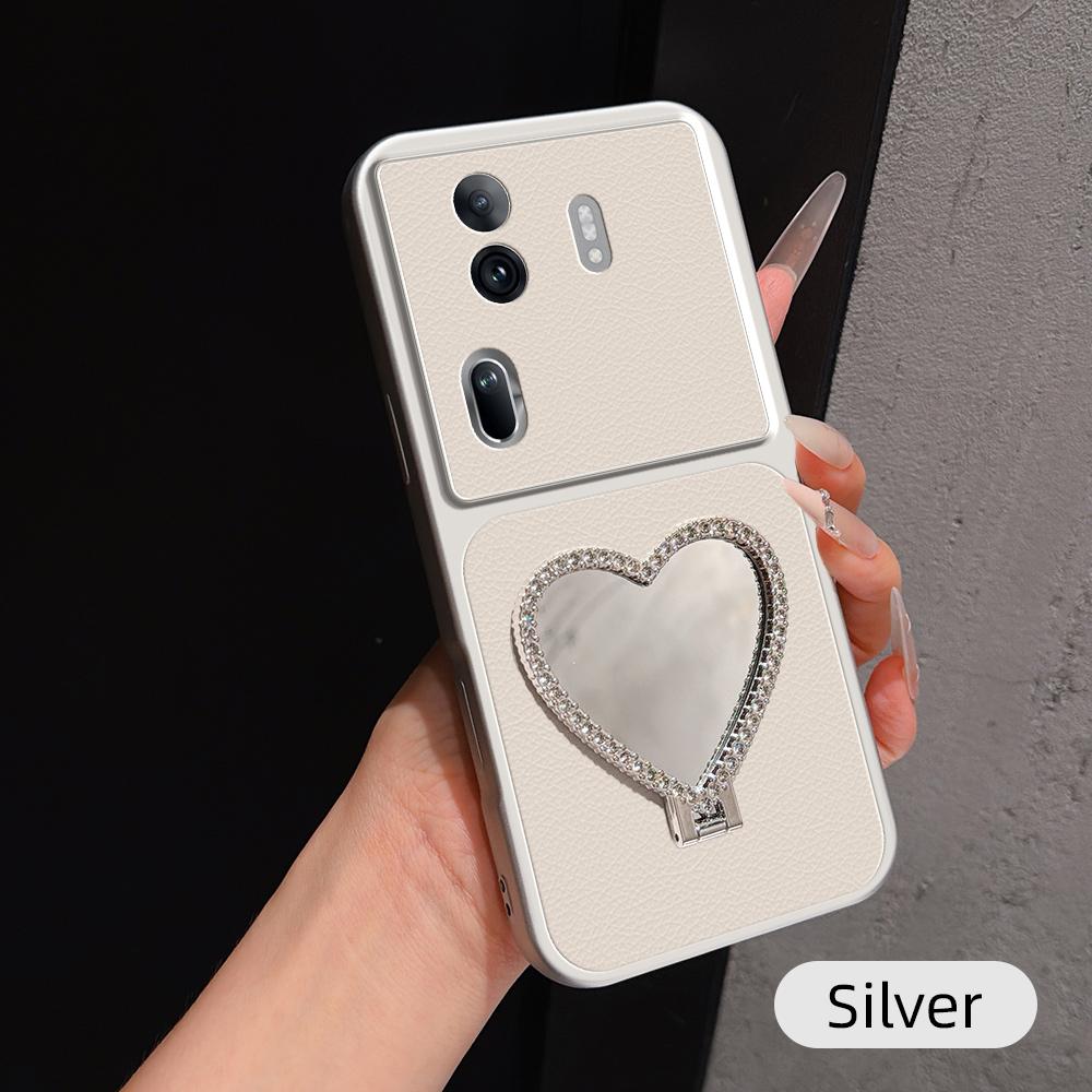For OPPO Reno11 Pro Global Lambskin Series Skin Feel Shockproof Phone Case with Heart Mirror Holder(Silver) - Shopkiz.com