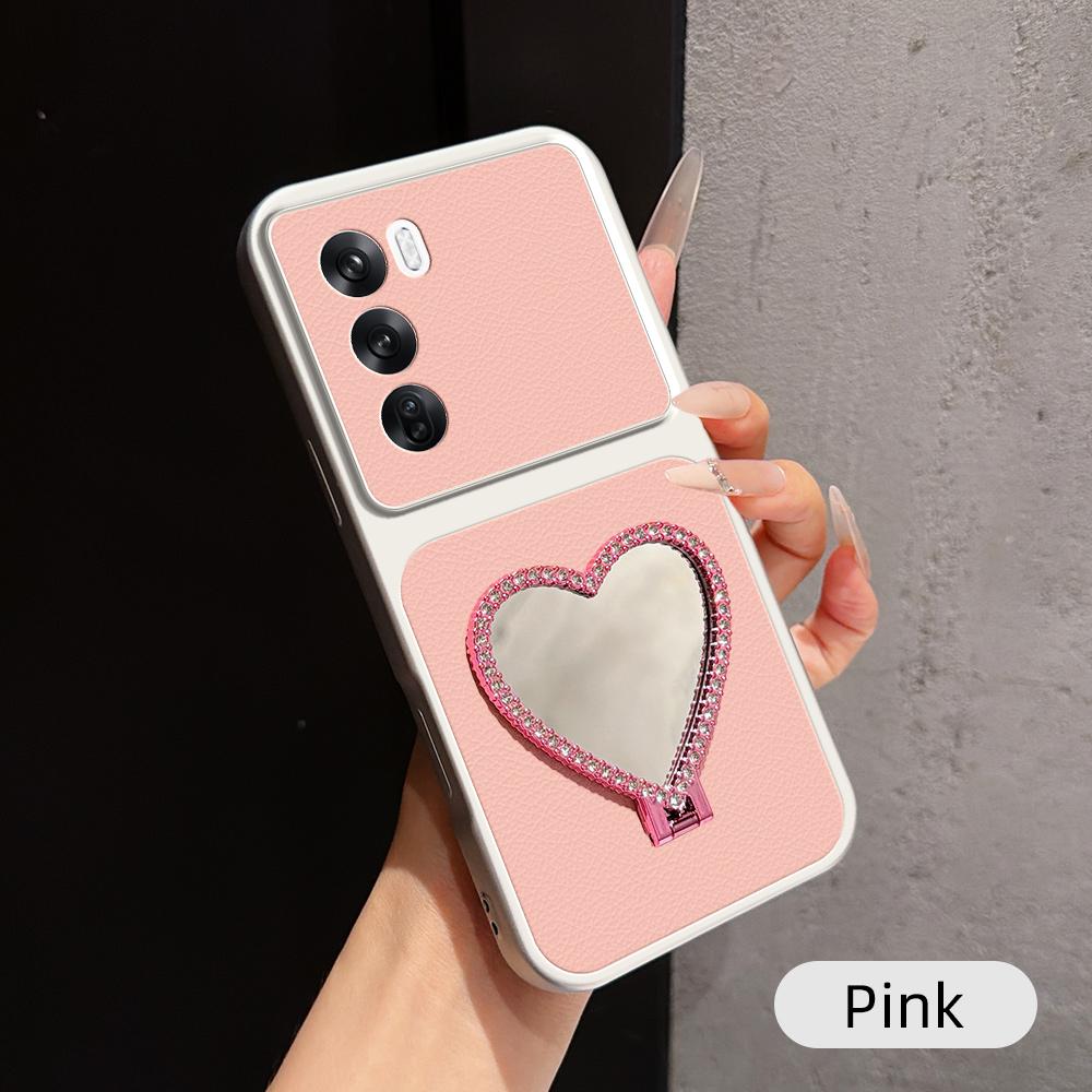 For OPPO Reno12 Global Lambskin Series Skin Feel Shockproof Phone Case with Heart Mirror Holder(Pink) - Shopkiz.com