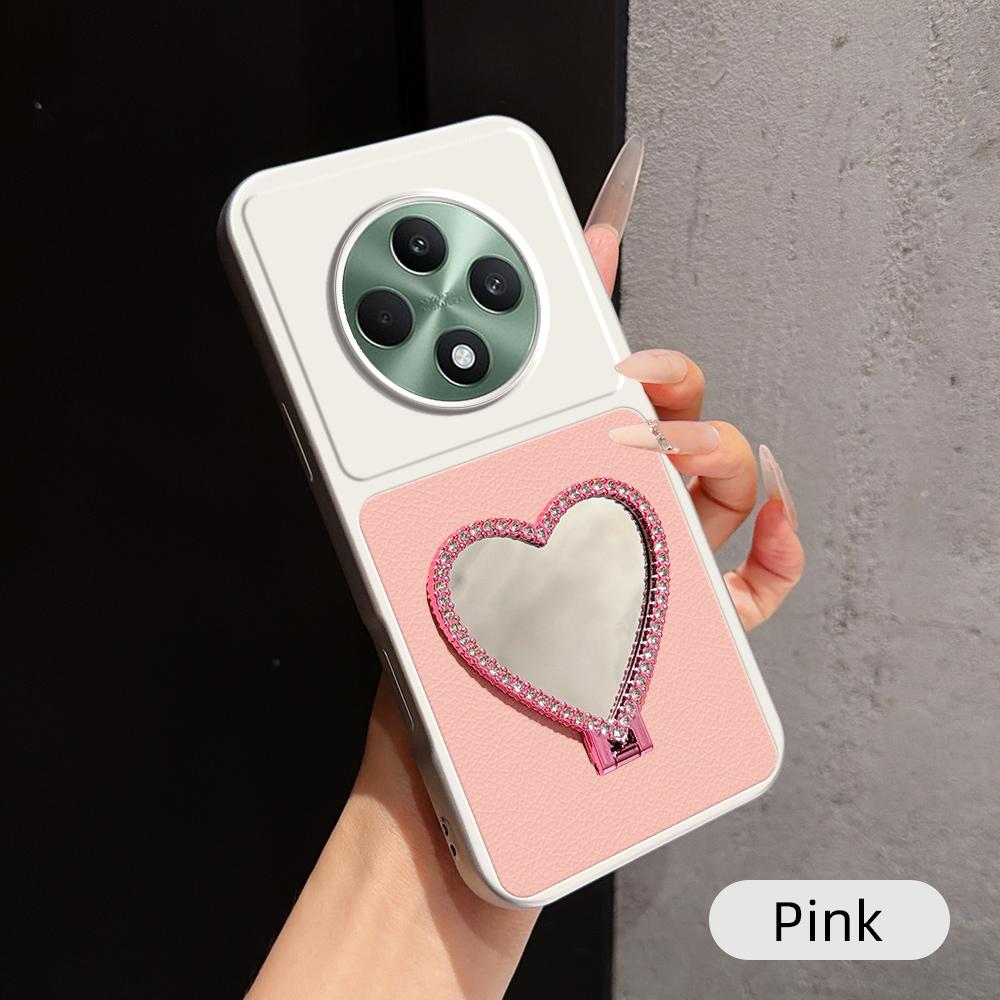 For OPPO Reno12 F 5G Lambskin Series Skin Feel Shockproof Phone Case with Heart Mirror Holder(Pink) - Shopkiz.com