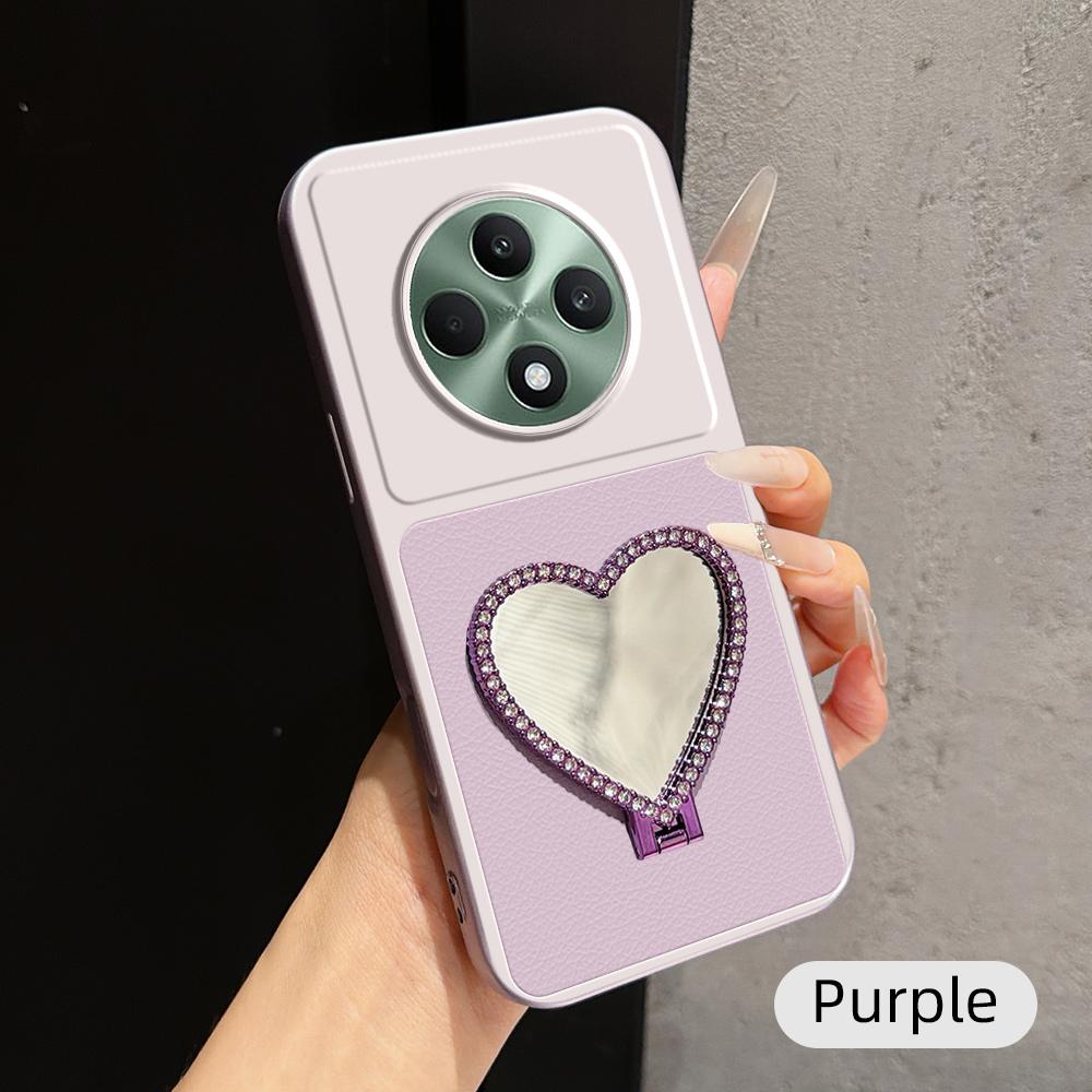 For OPPO Reno12 F 5G Lambskin Series Skin Feel Shockproof Phone Case with Heart Mirror Holder(Purple) - Shopkiz.com