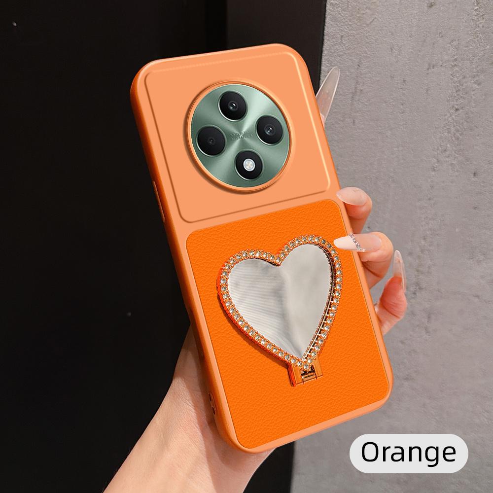For OPPO Reno12 F 5G Lambskin Series Skin Feel Shockproof Phone Case with Heart Mirror Holder(Orange) - Shopkiz.com