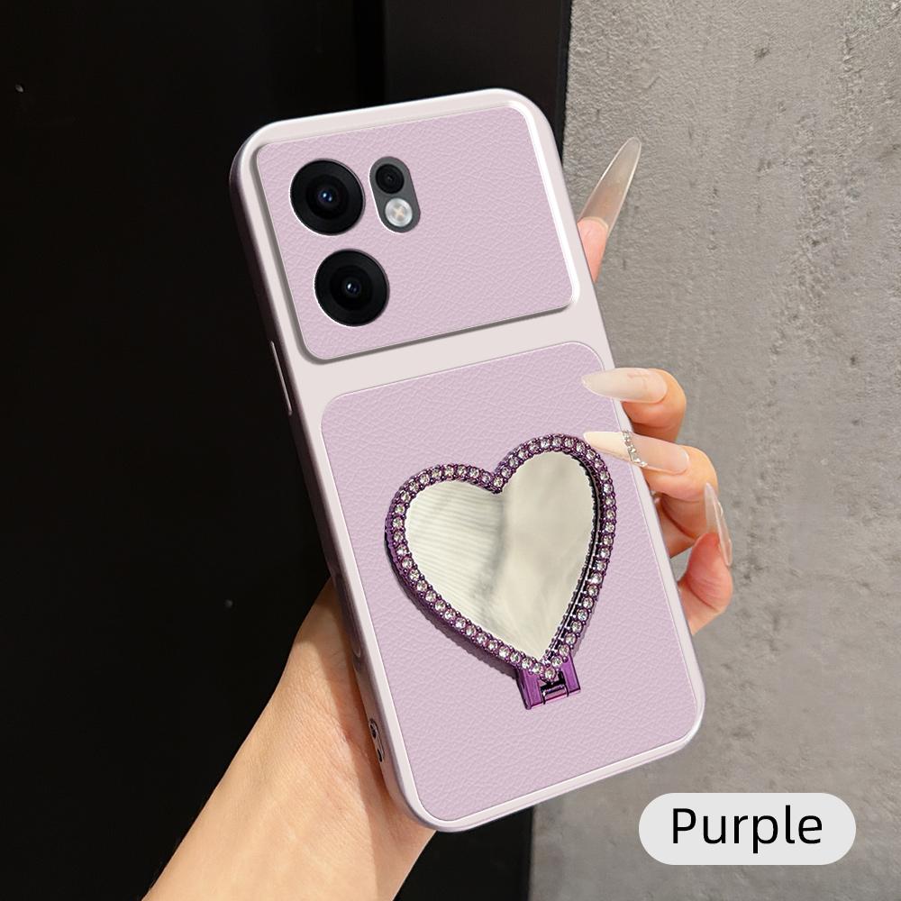 For OPPO Reno13 F 5G Lambskin Series Skin Feel Shockproof Phone Case with Heart Mirror Holder(Purple) - Shopkiz.com