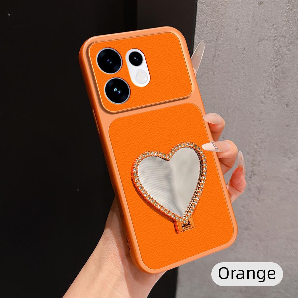 For OPPO Reno16 5G Global Lambskin Series Skin Feel Shockproof Phone Case with Heart Mirror Holder(Orange) - Shopkiz.com