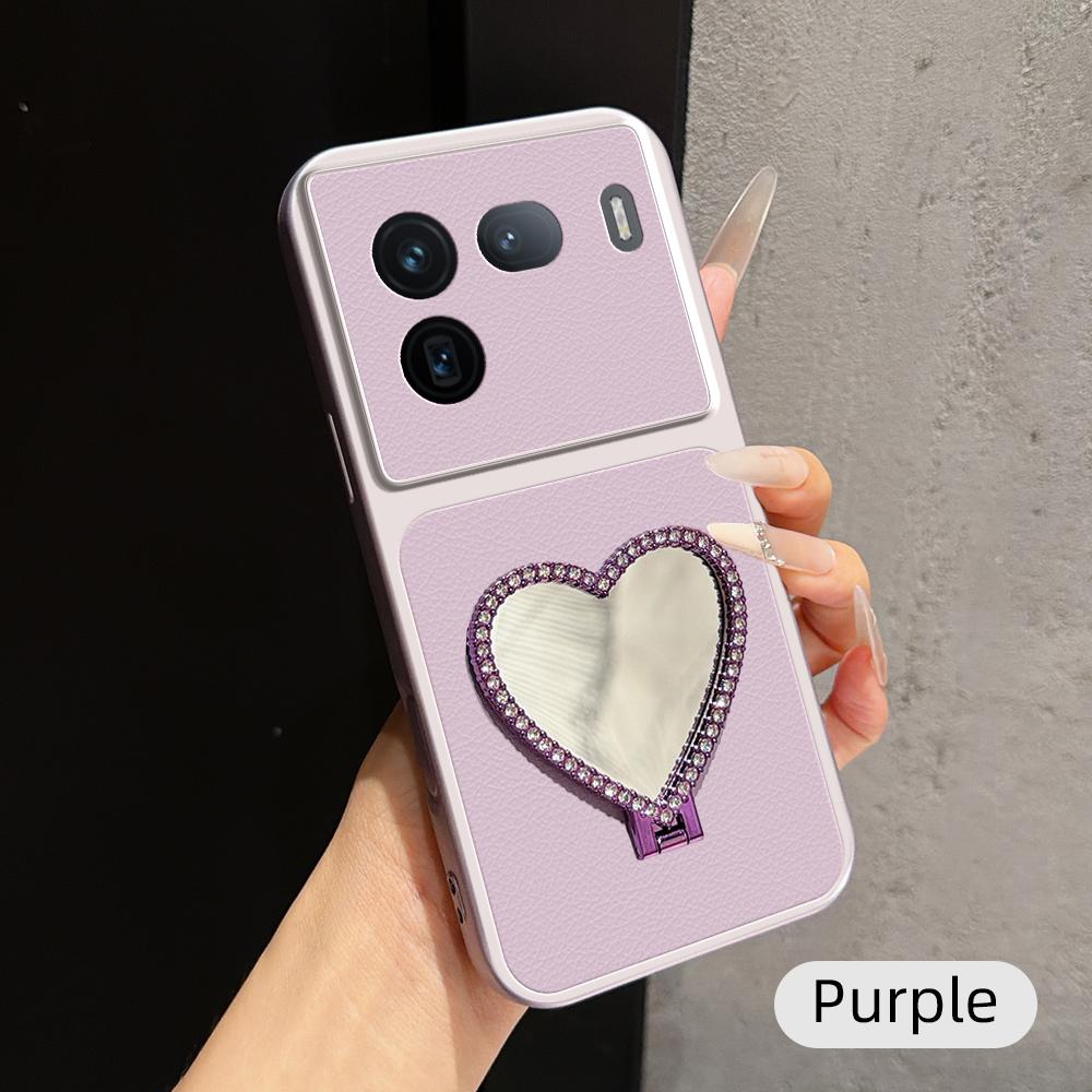 For vivo iQOO 12 Pro Lambskin Series Skin Feel Shockproof Phone Case with Heart Mirror Holder(Purple) - Shopkiz.com