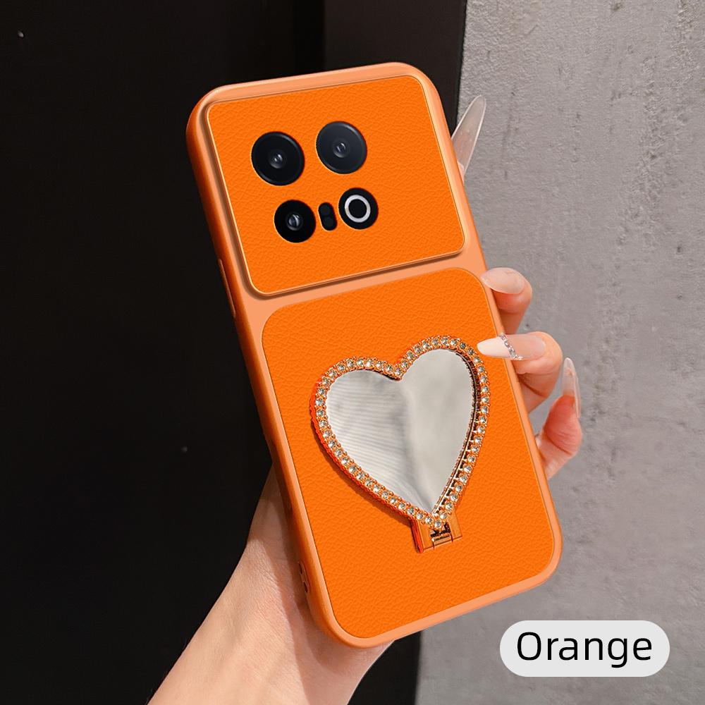For vivo iQOO 13 Lambskin Series Skin Feel Shockproof Phone Case with Heart Mirror Holder(Orange) - Shopkiz.com