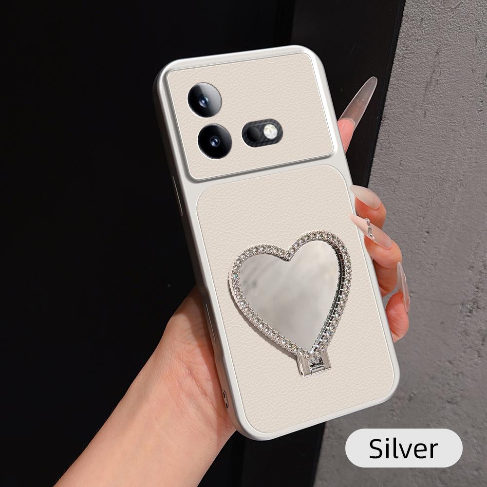 For vivo iQOO Neo8 Lambskin Series Skin Feel Shockproof Phone Case with Heart Mirror Holder(Silver) - Shopkiz.com