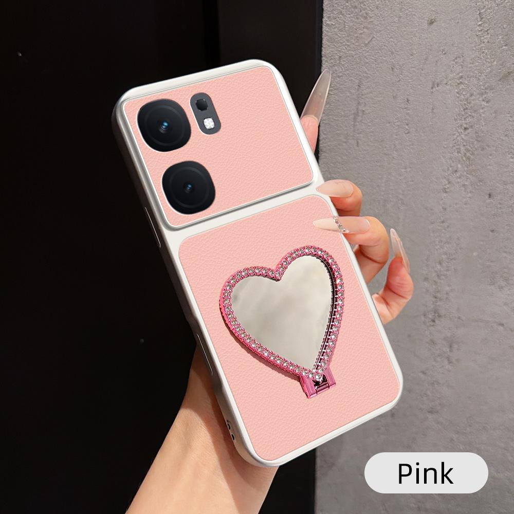 For vivo iQOO Neo9 Lambskin Series Skin Feel Shockproof Phone Case with Heart Mirror Holder(Pink) - Shopkiz.com