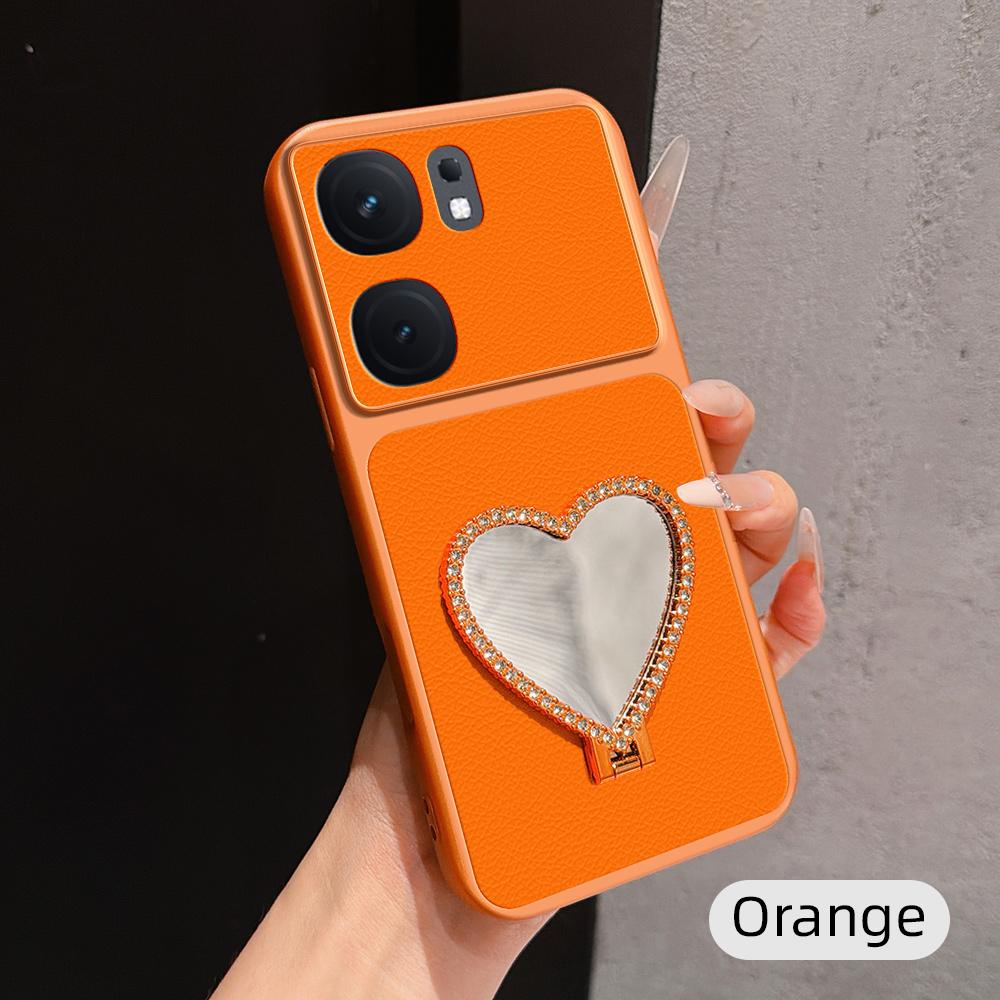 For vivo iQOO Neo9 Lambskin Series Skin Feel Shockproof Phone Case with Heart Mirror Holder(Orange) - Shopkiz.com