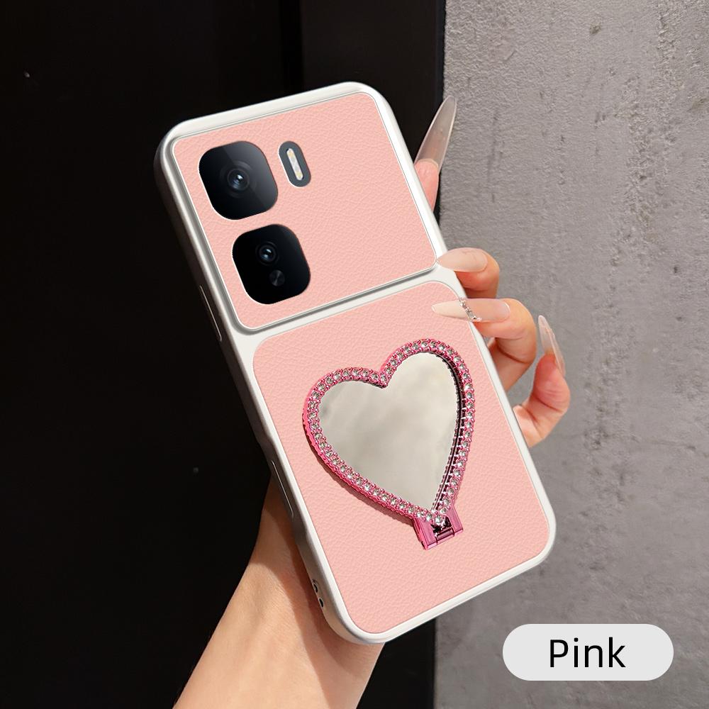 For vivo iQOO Neo 10 5G Lambskin Series Skin Feel Shockproof Phone Case with Heart Mirror Holder(Pink) - Shopkiz.com