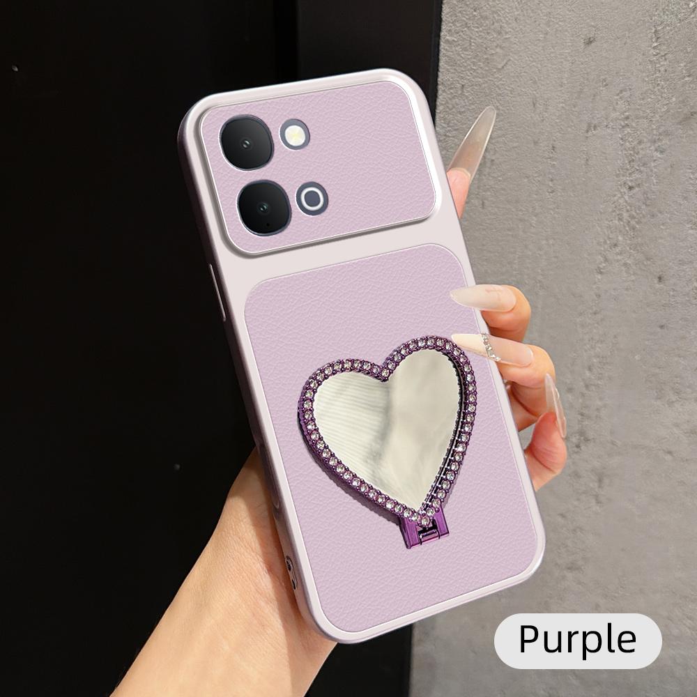 For vivo iQOO Z11x 5G Lambskin Series Skin Feel Shockproof Phone Case with Heart Mirror Holder(Purple) - Shopkiz.com