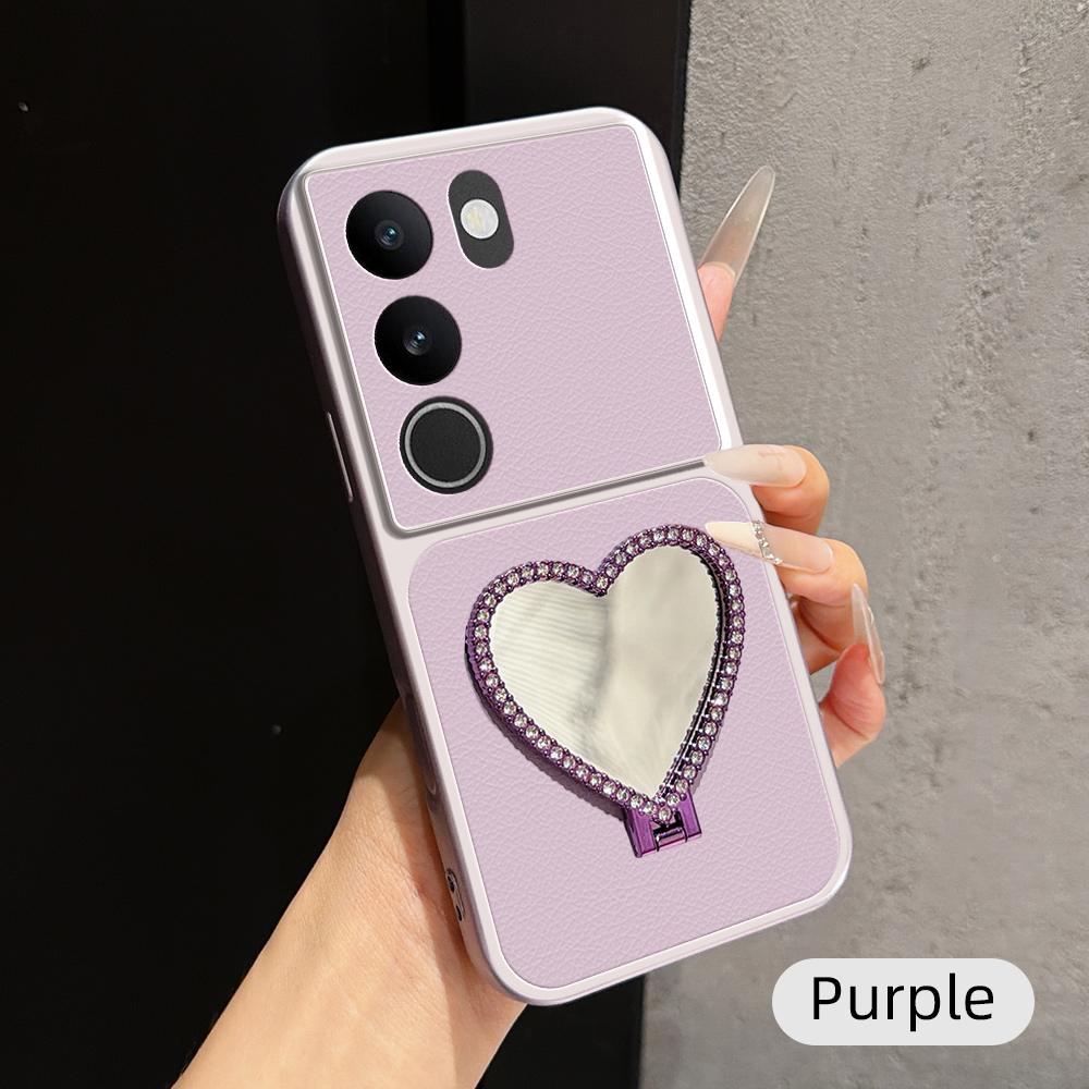 For vivo S17 Lambskin Series Skin Feel Shockproof Phone Case with Heart Mirror Holder(Purple) - Shopkiz.com
