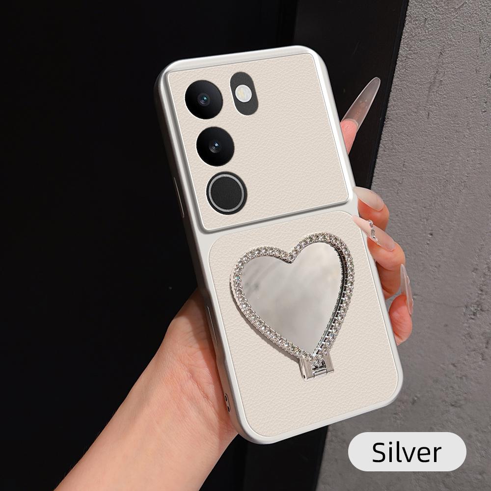 For vivo S17 Lambskin Series Skin Feel Shockproof Phone Case with Heart Mirror Holder(Silver) - Shopkiz.com