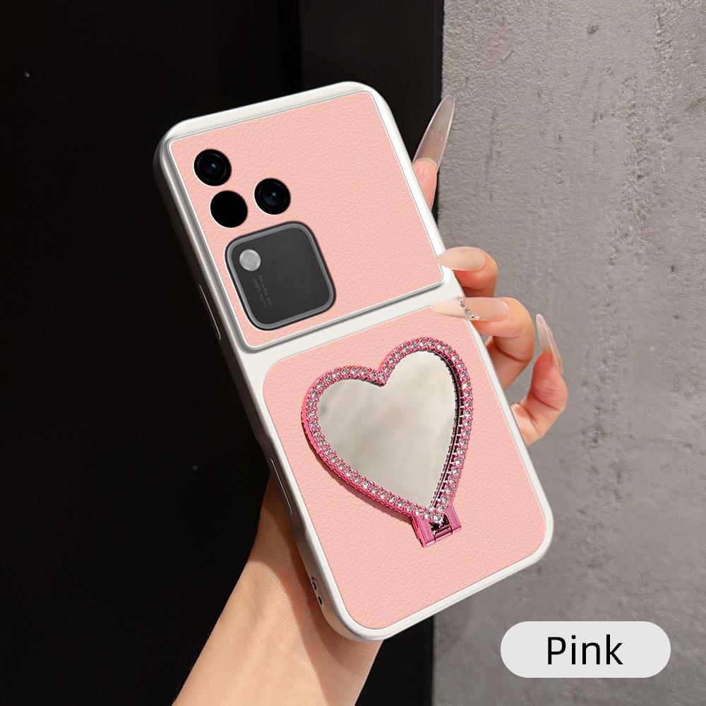 For vivo S18 Lambskin Series Skin Feel Shockproof Phone Case with Heart Mirror Holder(Pink) - Shopkiz.com