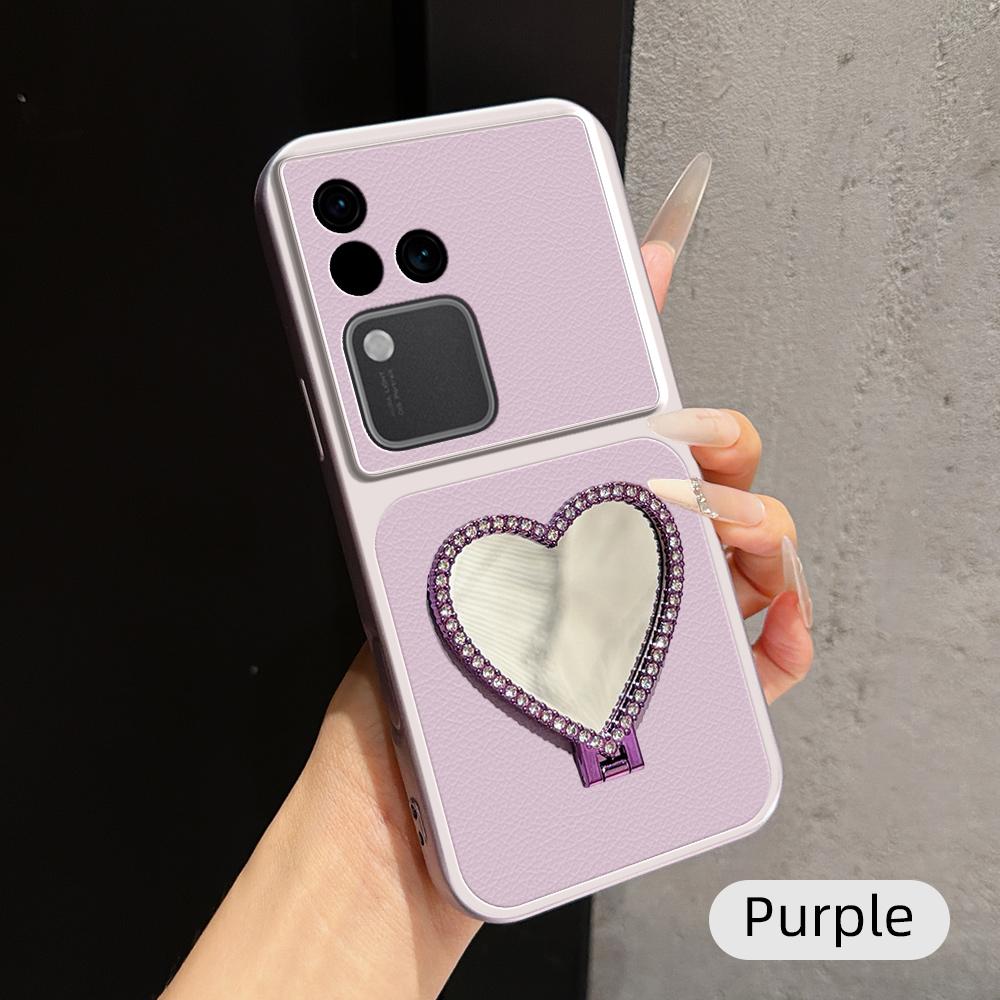 For vivo S18 Lambskin Series Skin Feel Shockproof Phone Case with Heart Mirror Holder(Purple) - Shopkiz.com