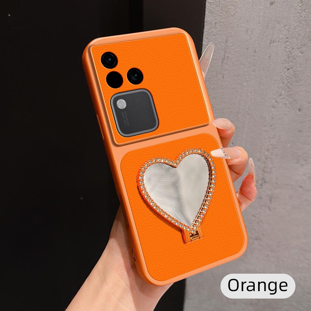 For vivo S18 Lambskin Series Skin Feel Shockproof Phone Case with Heart Mirror Holder(Orange) - Shopkiz.com