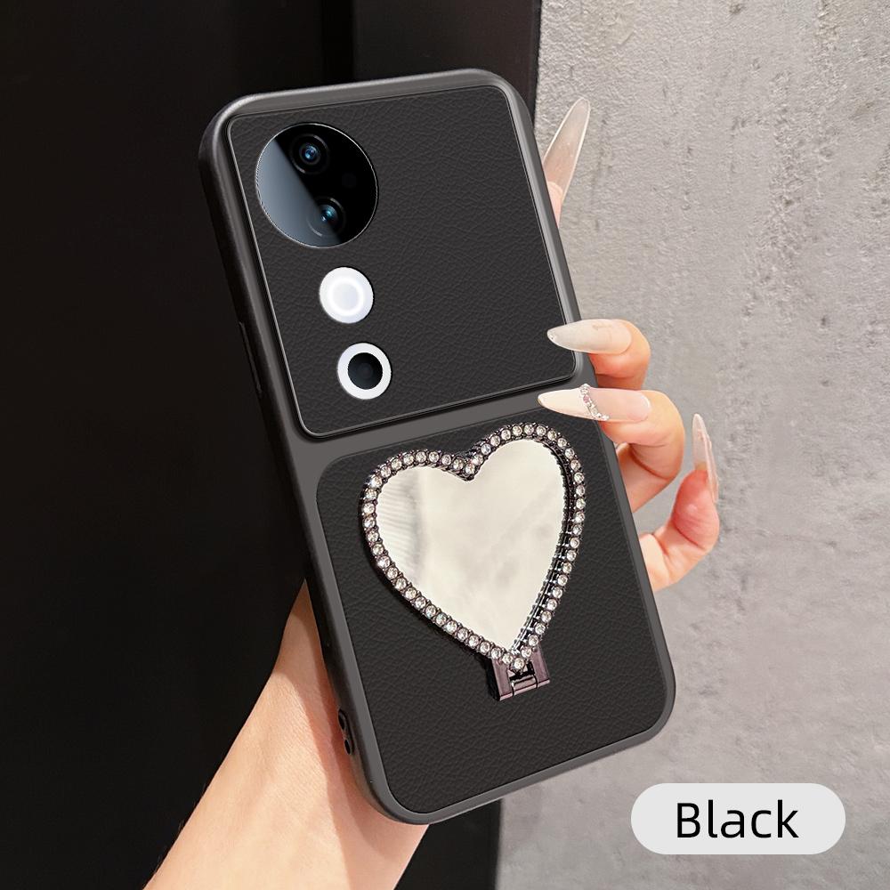 For vivo S19 Lambskin Series Skin Feel Shockproof Phone Case with Heart Mirror Holder(Black) - Shopkiz.com