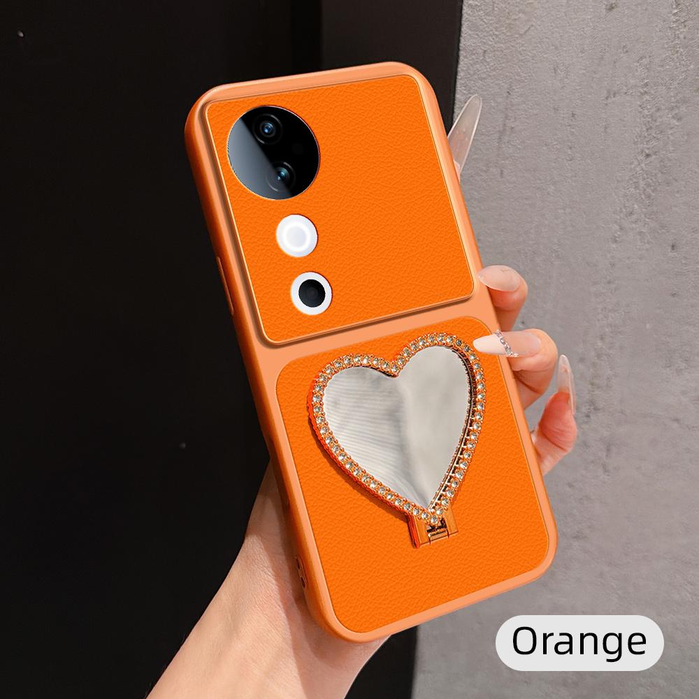 For vivo S19 Lambskin Series Skin Feel Shockproof Phone Case with Heart Mirror Holder(Orange) - Shopkiz.com