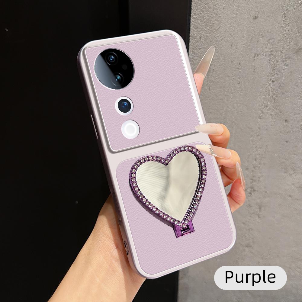 For vivo S19 Pro Lambskin Series Skin Feel Shockproof Phone Case with Heart Mirror Holder(Purple) - Shopkiz.com