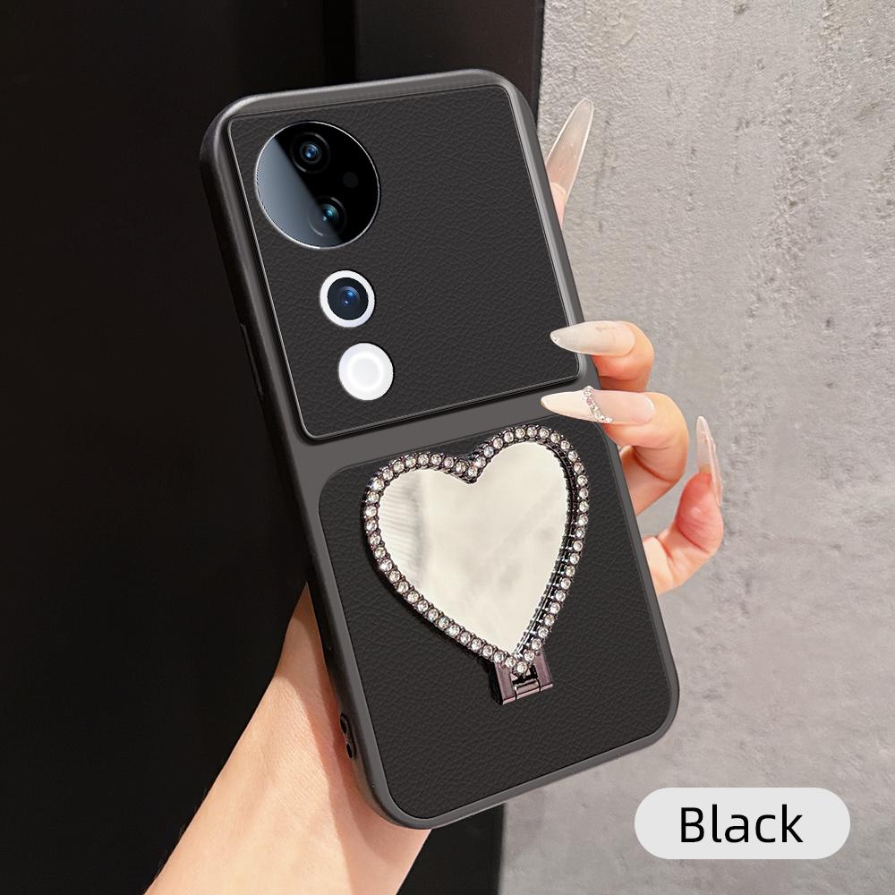 For vivo S19 Pro Lambskin Series Skin Feel Shockproof Phone Case with Heart Mirror Holder(Black) - Shopkiz.com