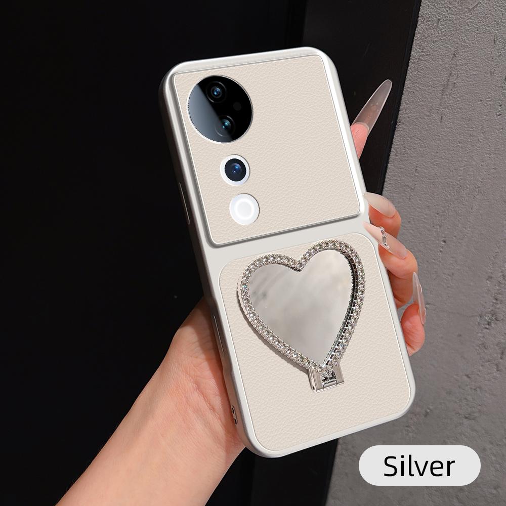 For vivo S19 Pro Lambskin Series Skin Feel Shockproof Phone Case with Heart Mirror Holder(Silver) - Shopkiz.com