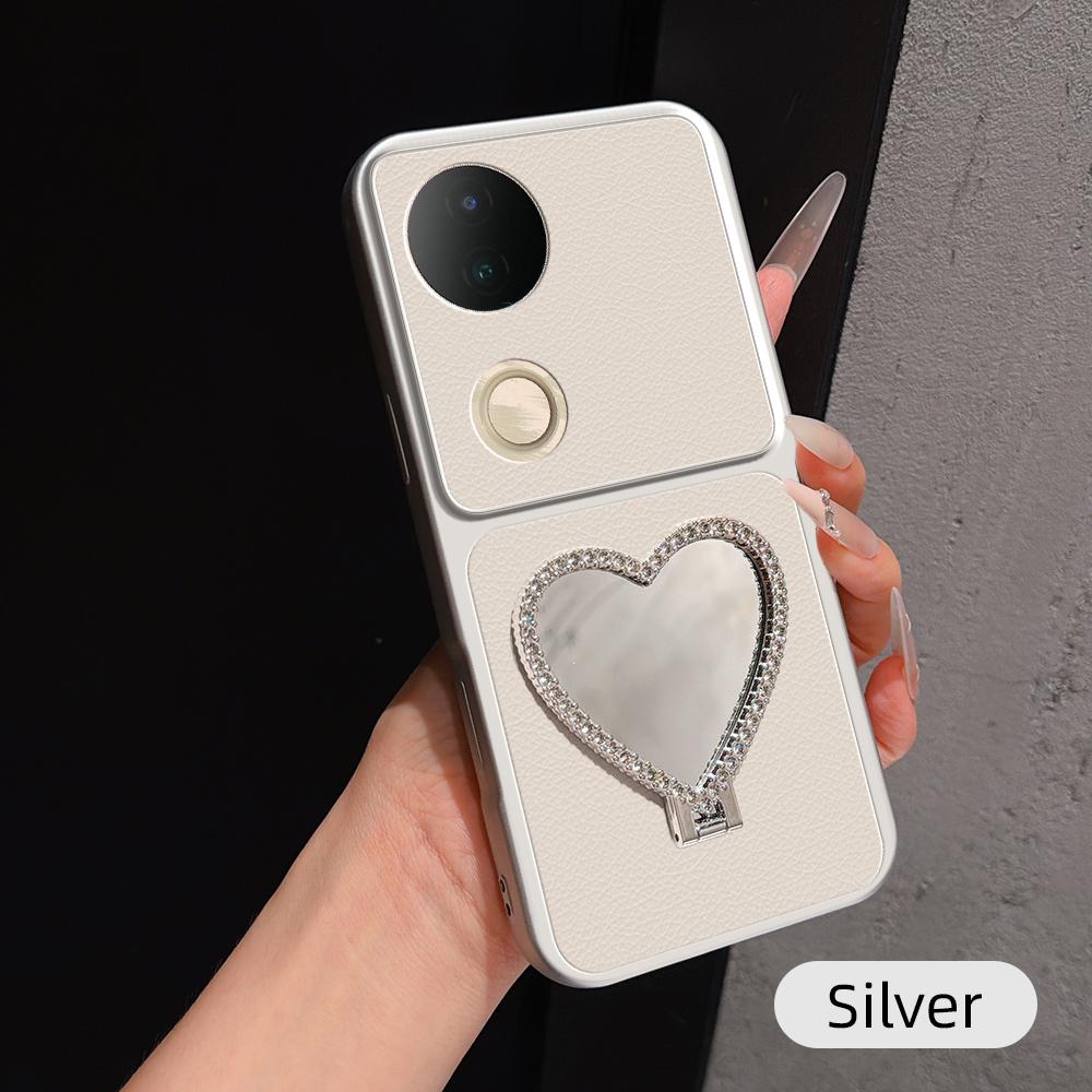 For vivo S20 Lambskin Series Skin Feel Shockproof Phone Case with Heart Mirror Holder(Silver) - Shopkiz.com