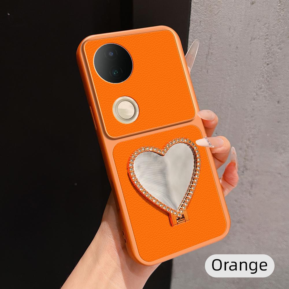 For vivo S20 Lambskin Series Skin Feel Shockproof Phone Case with Heart Mirror Holder(Orange) - Shopkiz.com