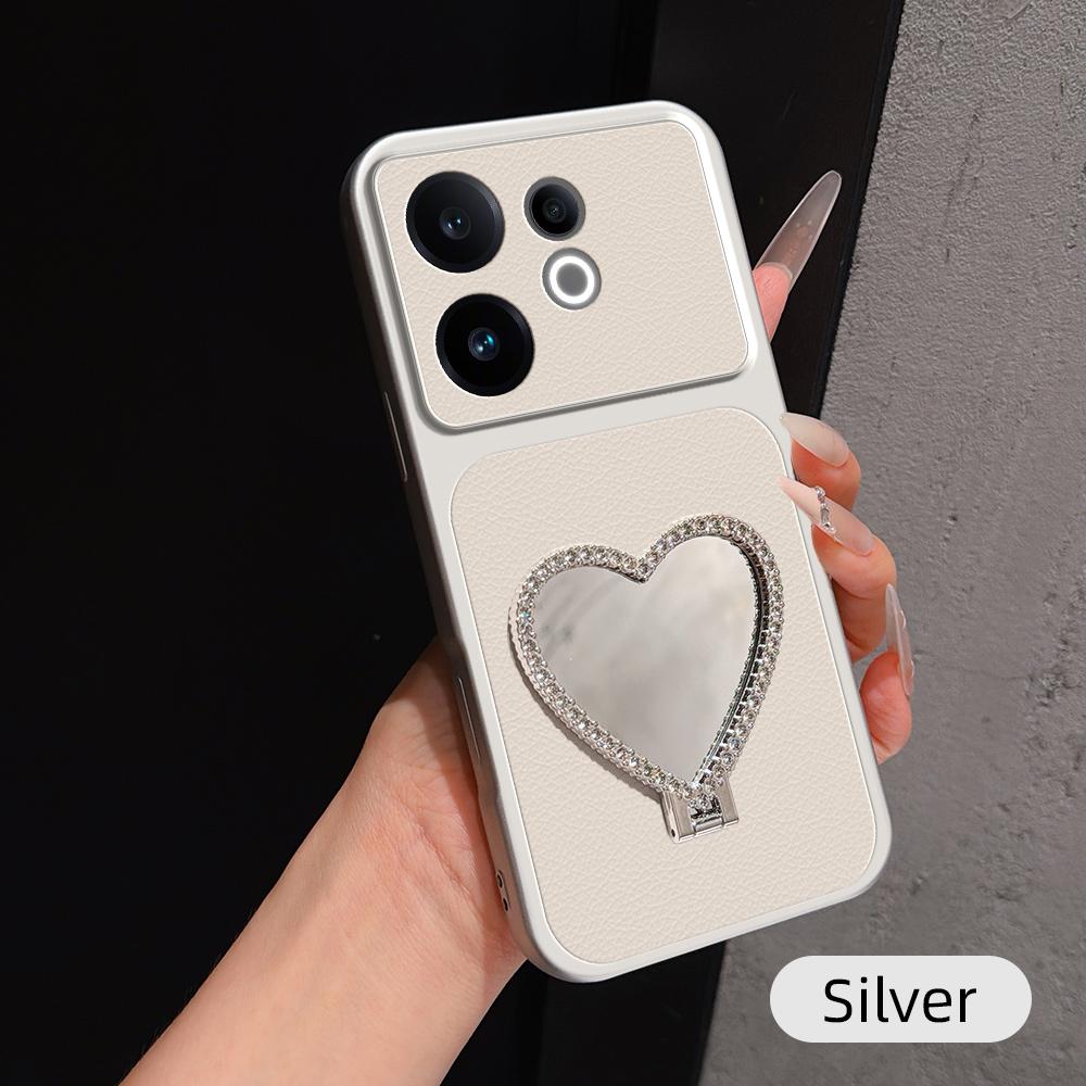 For vivo S30 Lambskin Series Skin Feel Shockproof Phone Case with Heart Mirror Holder(Silver) - Shopkiz.com