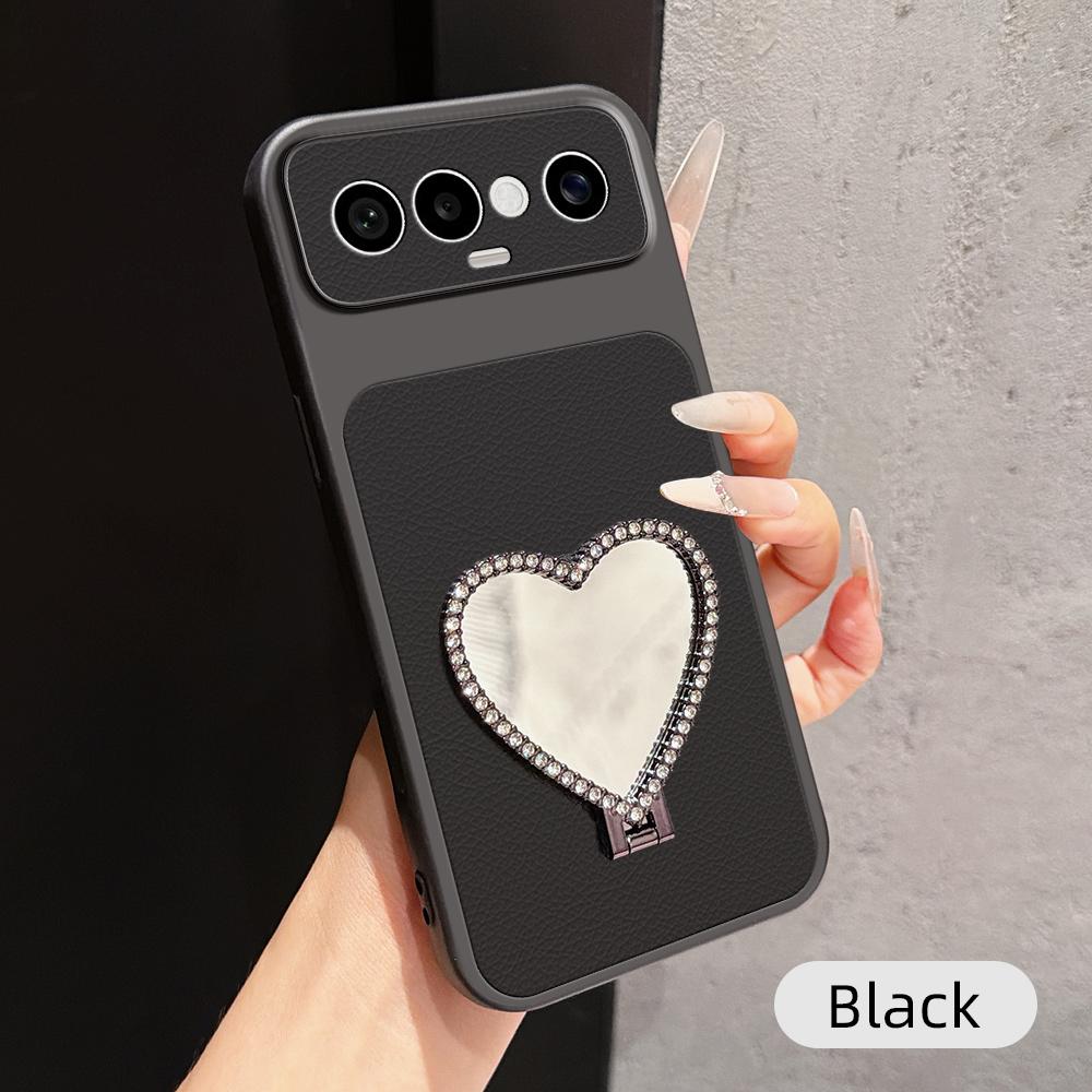 For vivo S50 Pro mini 5G Lambskin Series Skin Feel Shockproof Phone Case with Heart Mirror Holder(Black) - Shopkiz.com