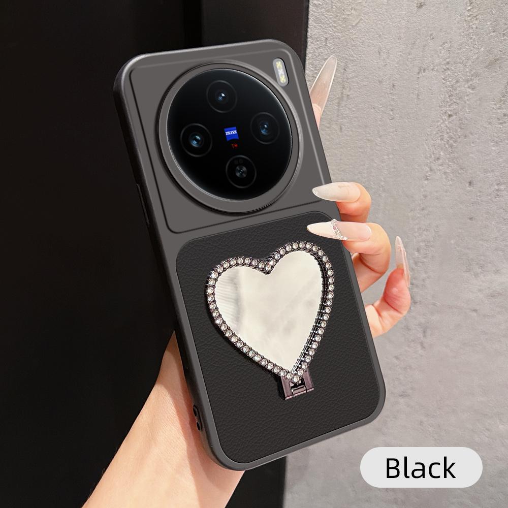 For vivo X100s Lambskin Series Skin Feel Shockproof Phone Case with Heart Mirror Holder(Black) - Shopkiz.com