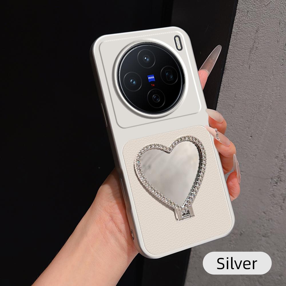 For vivo X200 Lambskin Series Skin Feel Shockproof Phone Case with Heart Mirror Holder(Silver) - Shopkiz.com