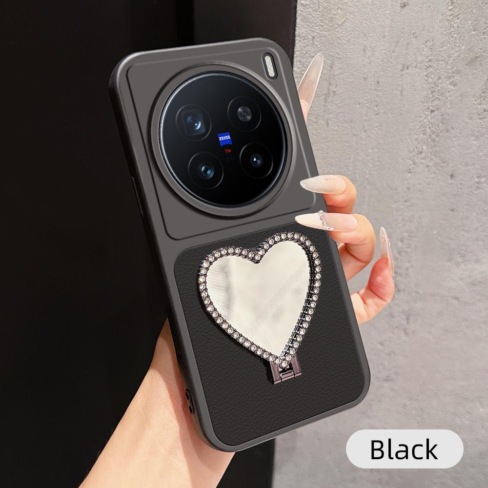 For vivo X200 Pro Lambskin Series Skin Feel Shockproof Phone Case with Heart Mirror Holder(Black) - Shopkiz.com
