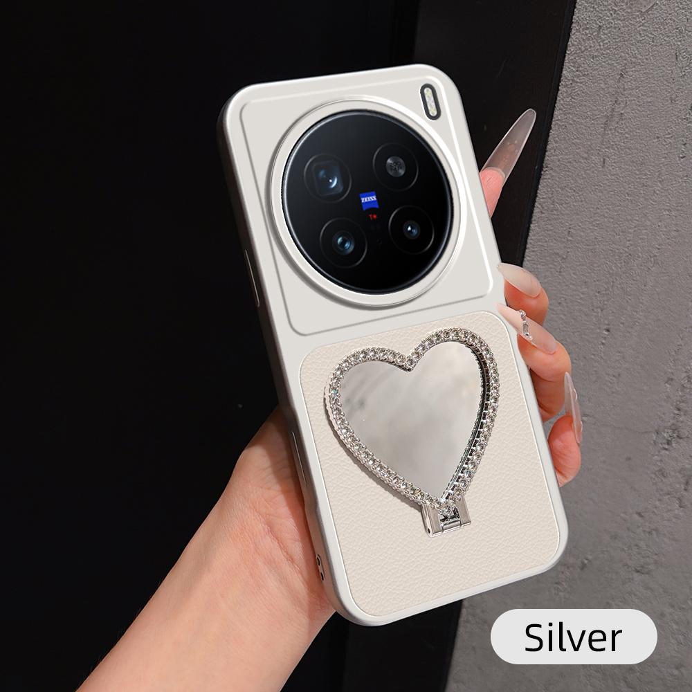 For vivo X200 Pro Lambskin Series Skin Feel Shockproof Phone Case with Heart Mirror Holder(Silver) - Shopkiz.com