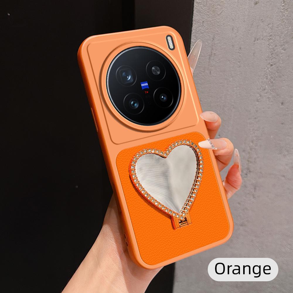 For vivo X200 Pro Lambskin Series Skin Feel Shockproof Phone Case with Heart Mirror Holder(Orange) - Shopkiz.com
