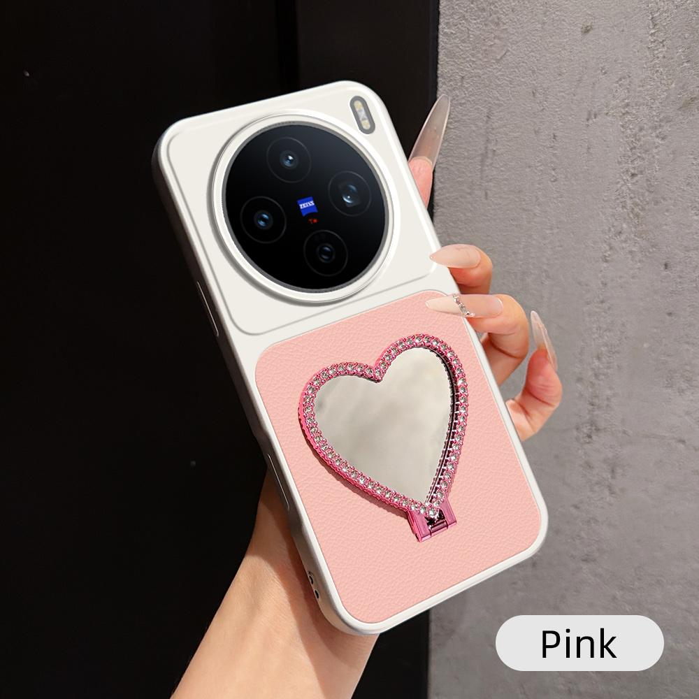 For vivo X200s Lambskin Series Skin Feel Shockproof Phone Case with Heart Mirror Holder(Pink) - Shopkiz.com