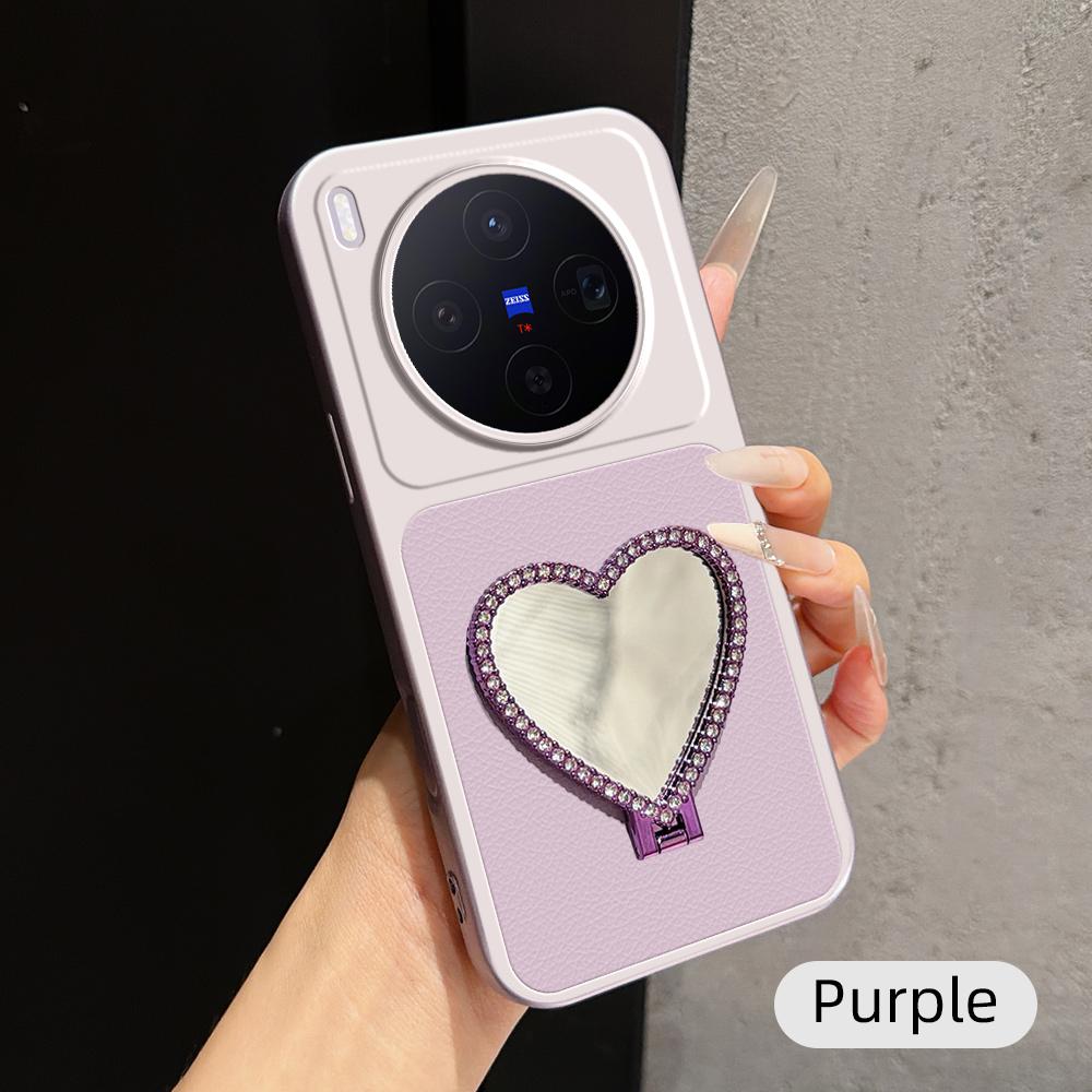 For vivo X300 Lambskin Series Skin Feel Shockproof Phone Case with Heart Mirror Holder(Purple) - Shopkiz.com
