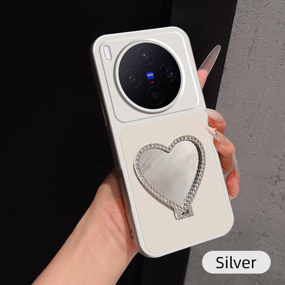 For vivo X300 Lambskin Series Skin Feel Shockproof Phone Case with Heart Mirror Holder(Silver) - Shopkiz.com