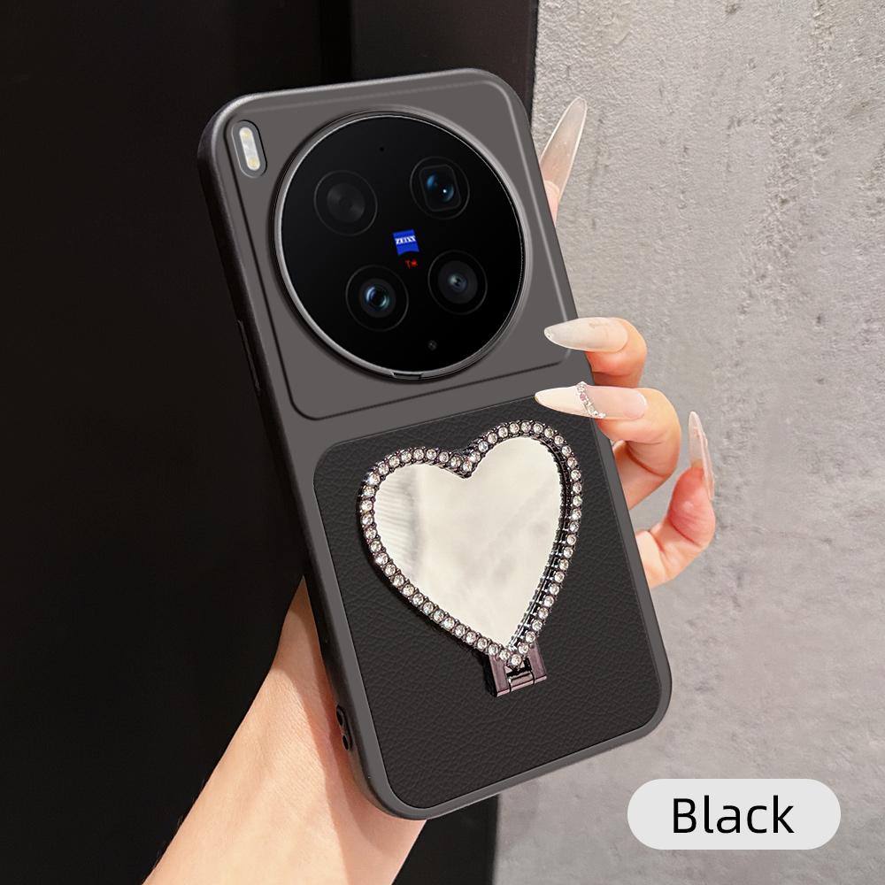 For vivo X300 Ultra Lambskin Series Skin Feel Shockproof Phone Case with Heart Mirror Holder(Black) - Shopkiz.com