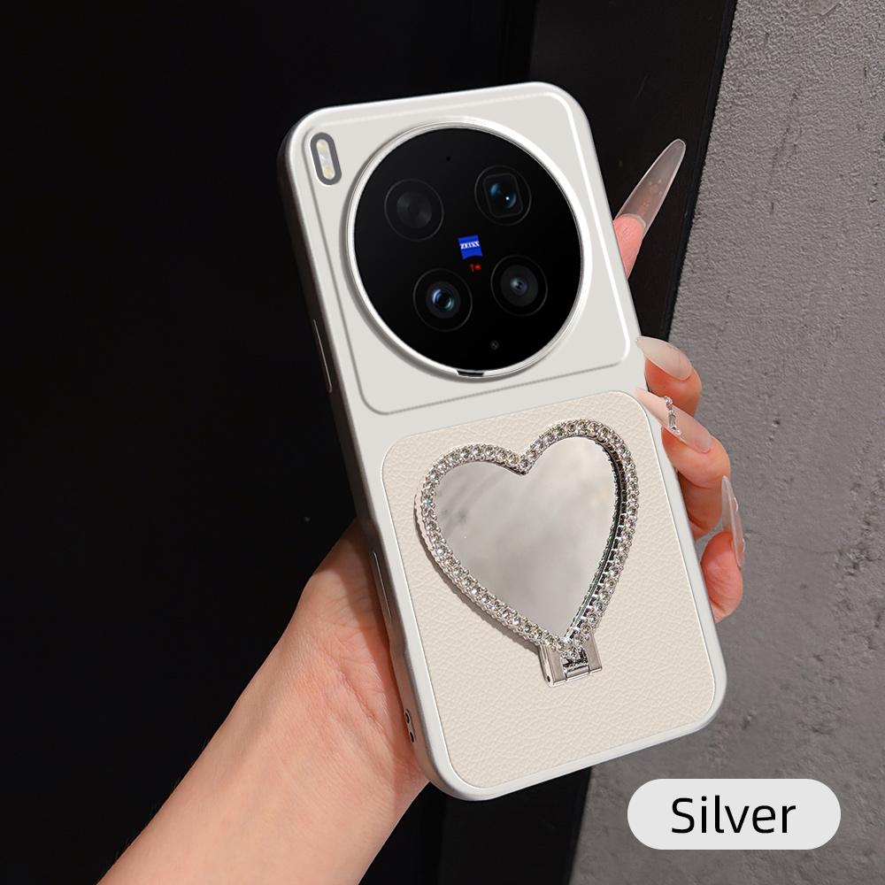 For vivo X300 Ultra Lambskin Series Skin Feel Shockproof Phone Case with Heart Mirror Holder(Silver) - Shopkiz.com