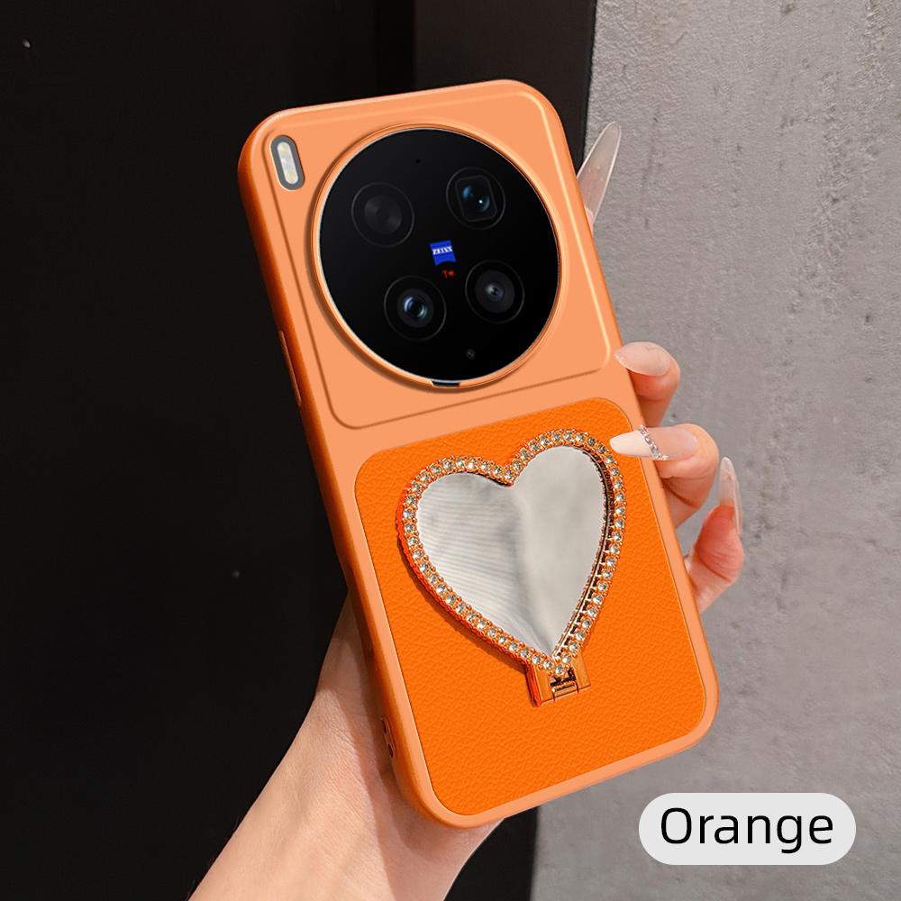 For vivo X300 Ultra Lambskin Series Skin Feel Shockproof Phone Case with Heart Mirror Holder(Orange) - Shopkiz.com