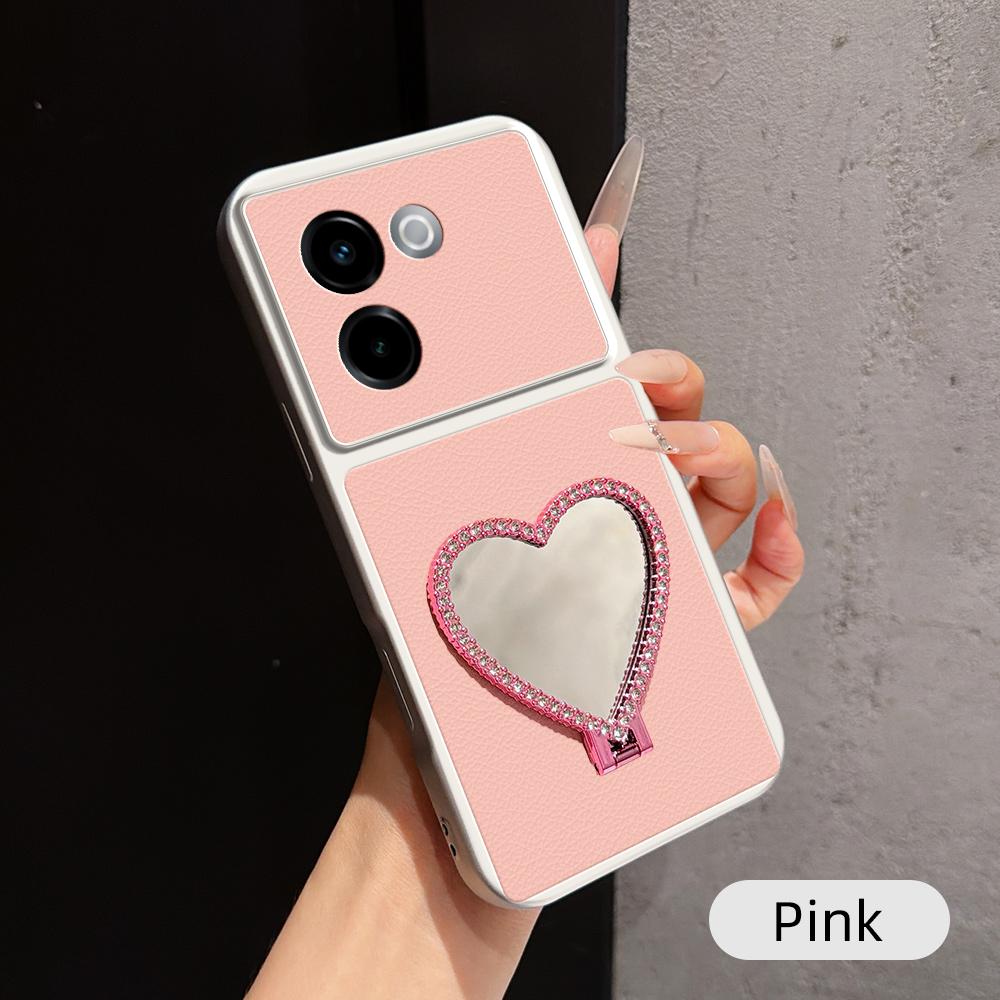 For vivo Y200 Lambskin Series Skin Feel Shockproof Phone Case with Heart Mirror Holder(Pink) - Shopkiz.com