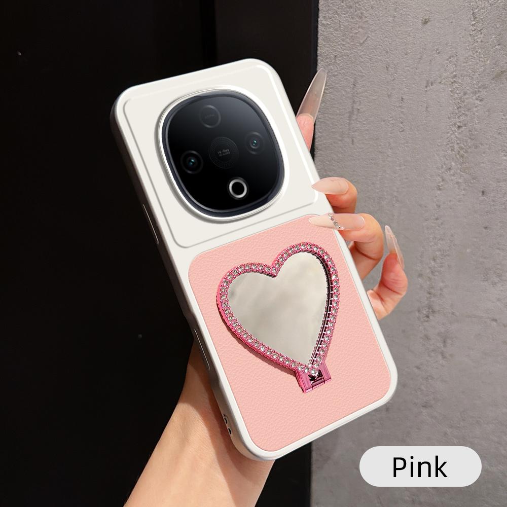 For vivo Y300 Lambskin Series Skin Feel Shockproof Phone Case with Heart Mirror Holder(Pink) - Shopkiz.com