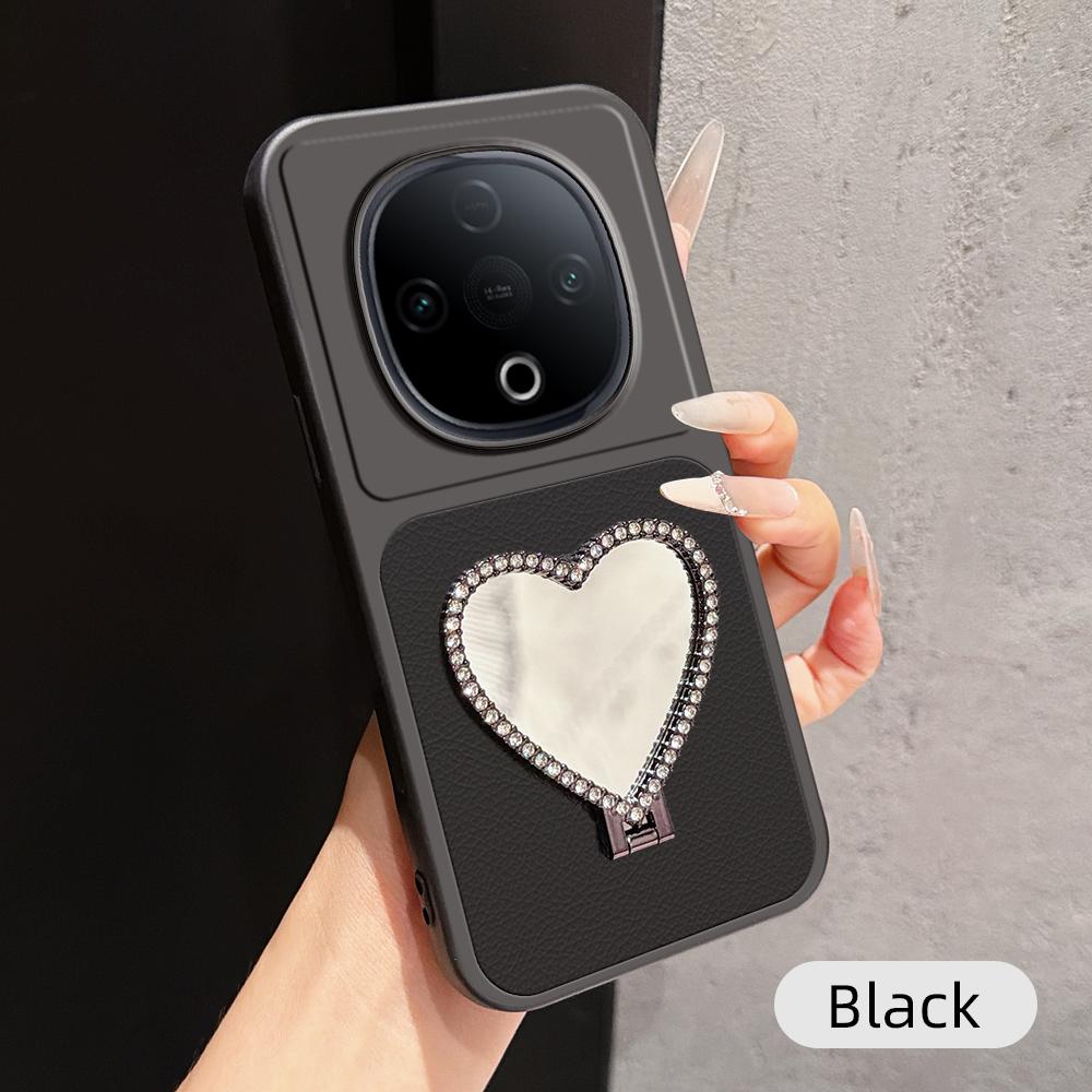 For vivo Y300 Lambskin Series Skin Feel Shockproof Phone Case with Heart Mirror Holder(Black) - Shopkiz.com
